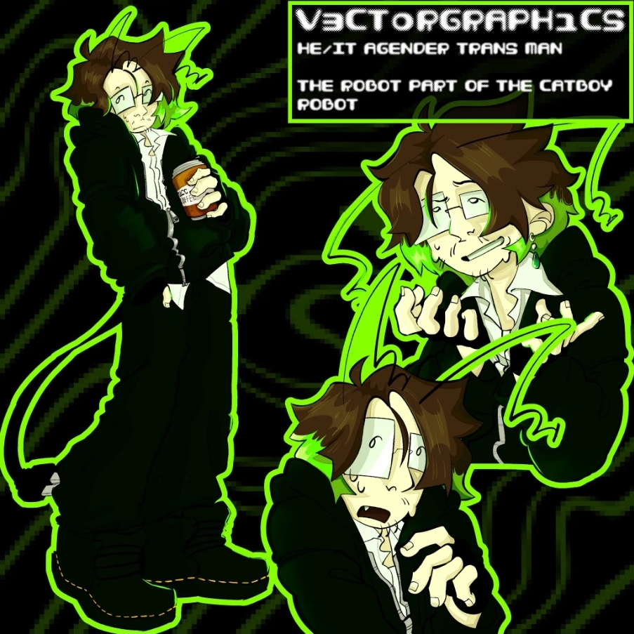 vectorgraphics persona reference page. shows three drawings. one full body, one half body making a disconcerted expression, and one half body jumping backwards in surprise.