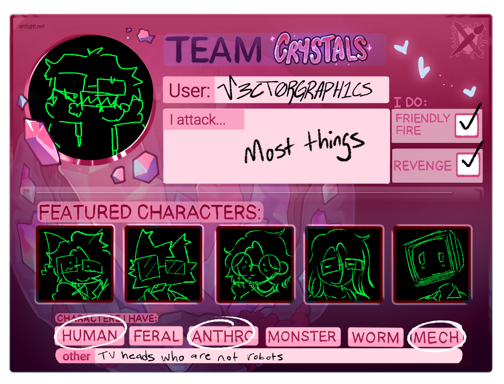 vector graphics artfight page. Team crystals. User: v3ct0rgraph1cs. I attack... most things. I do: friendly fire and revenge. featured characters are 5 crude, lime green sketches of my human persona, cat persona, vector polovsky, allie, and vector (the tv head one). characters I have are human, anthro, mech, and tv heads who are not robots listed under other.